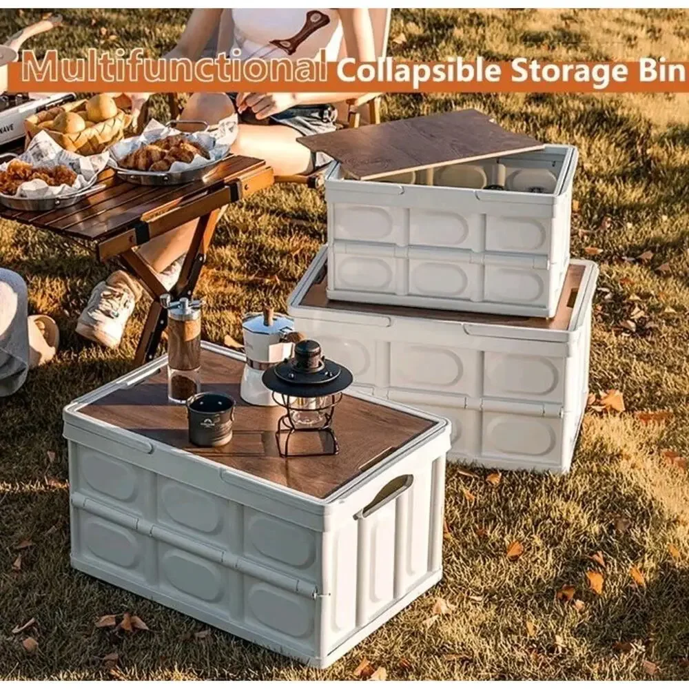 Collapsible Storage Bin with Handles and Wooden Lid Large Capacity Stackable